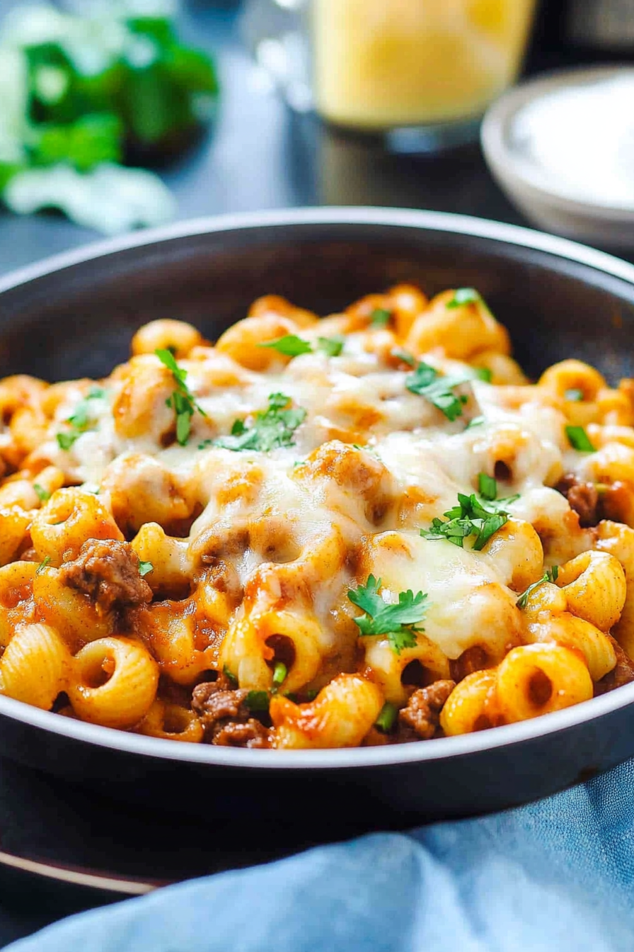 Cheesy Beef Enchilada Pasta in a skillet