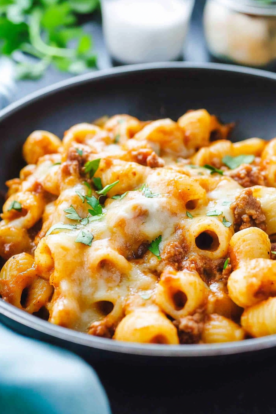 Cheesy Beef Enchilada Pasta in a skillet