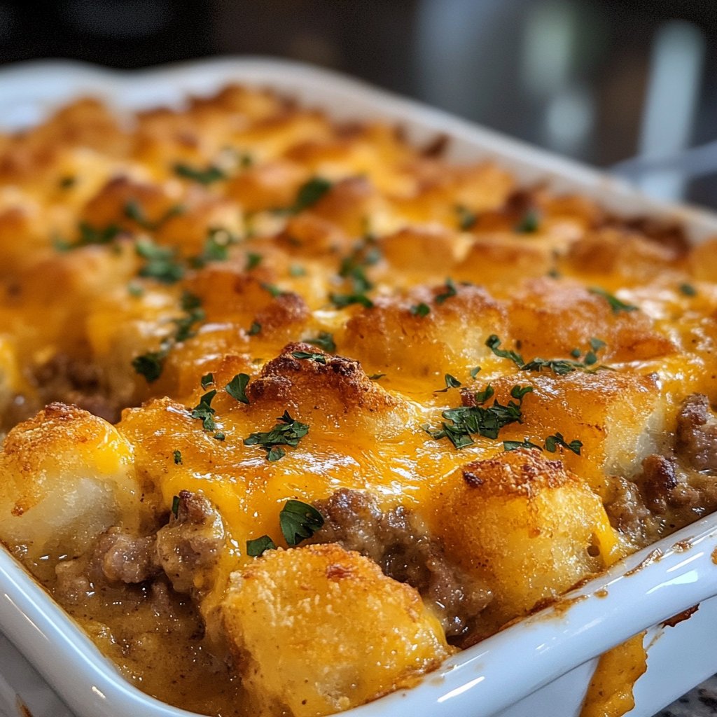 Cheesy Tater Tot Breakfast Casserole with Sausage Gravy