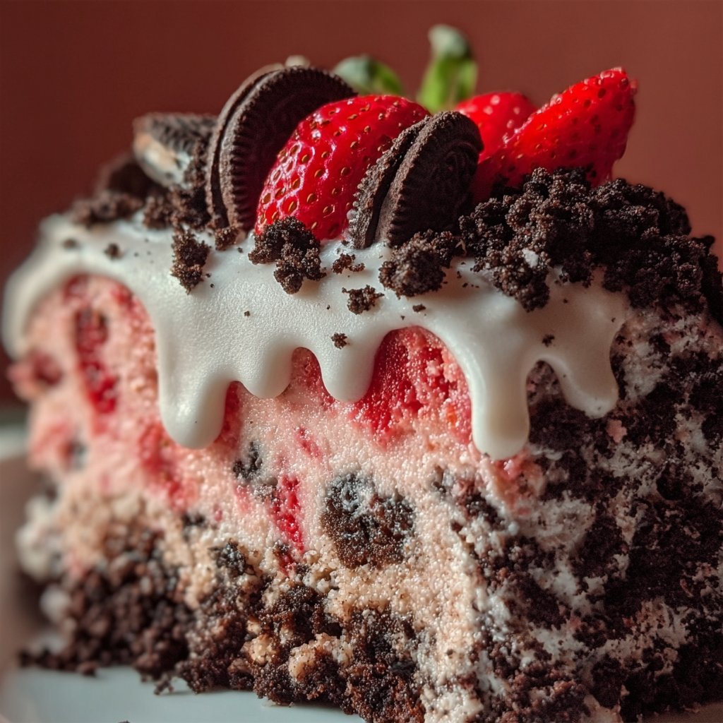 Strawberry Cake with Oreo Crumble and Cookies