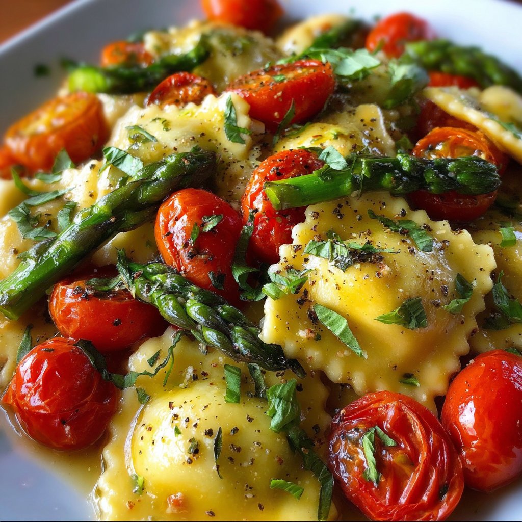 Ravioli with Tomatoes, Asparagus, Garlic, and Herbs