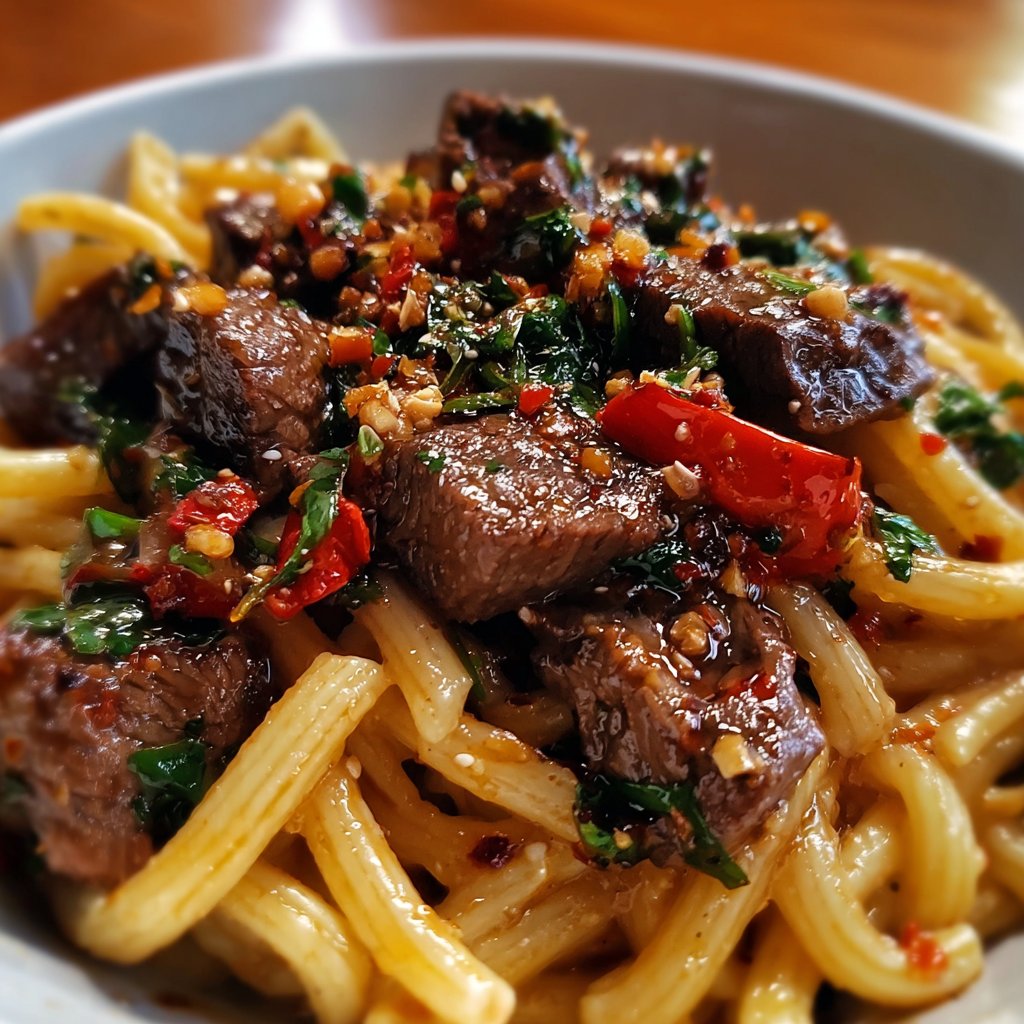 Sweet and Spicy Garlic Steak Pasta