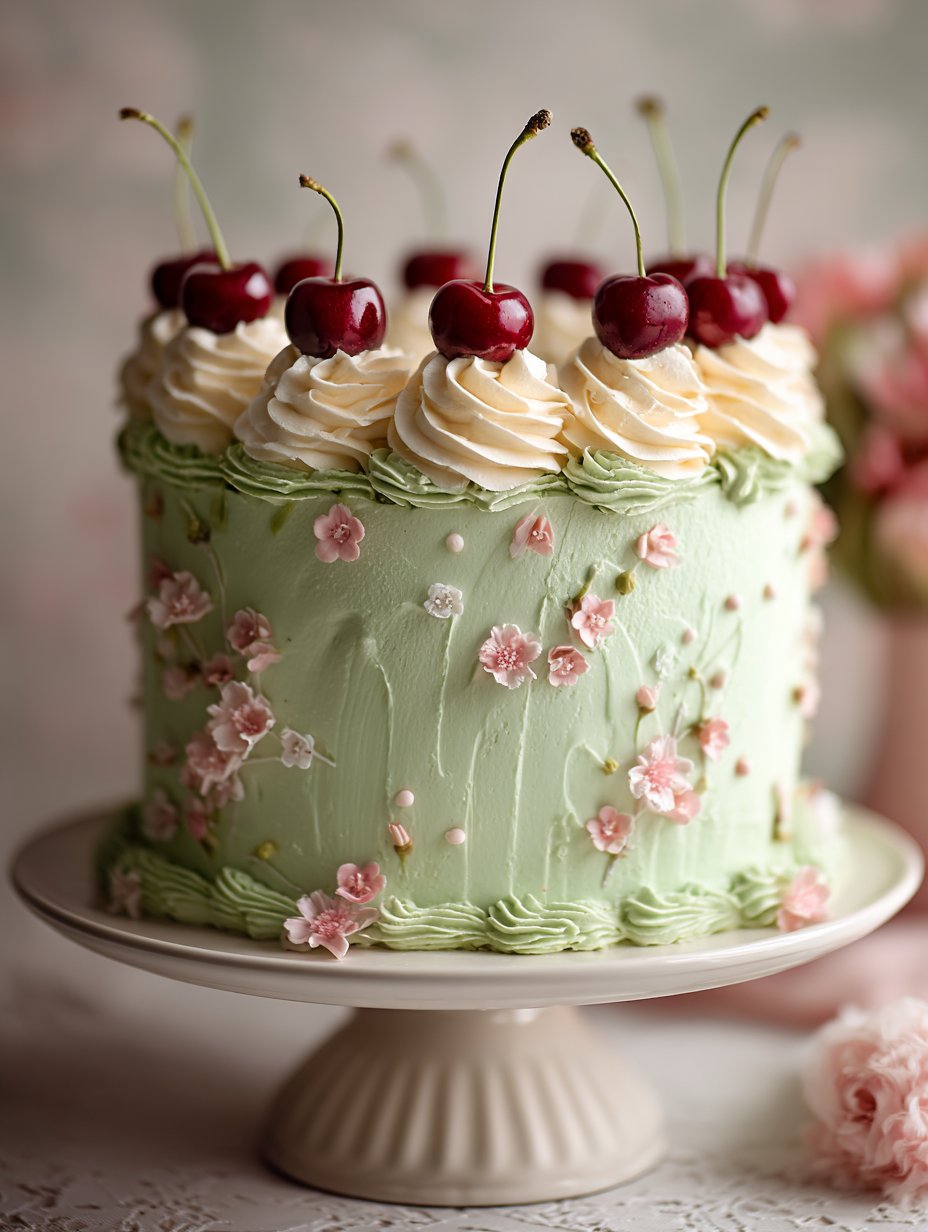 Pastel Green Cherry Birthday Cake