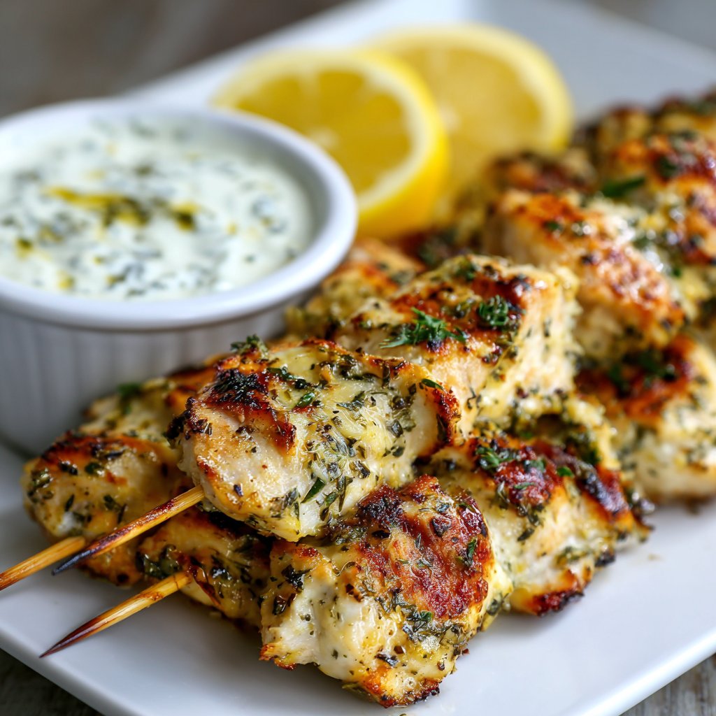 Grilled Lemon Herb Chicken Skewers with Yogurt Dip