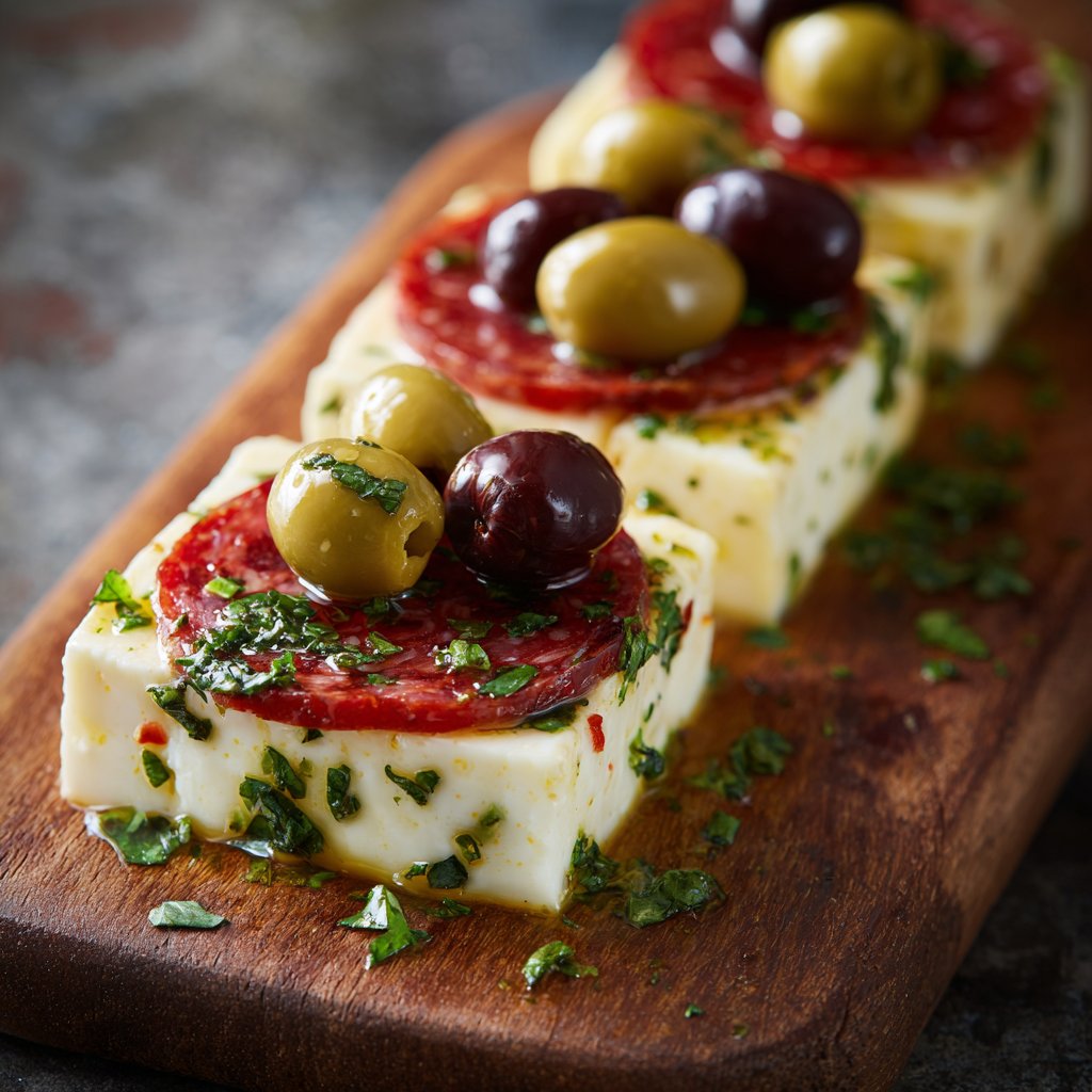 Marinated Cheese Appetizer with Salami & Green Olives