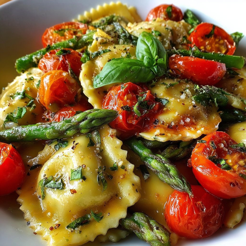 Ravioli with Tomatoes, Asparagus, Garlic, and Herbs